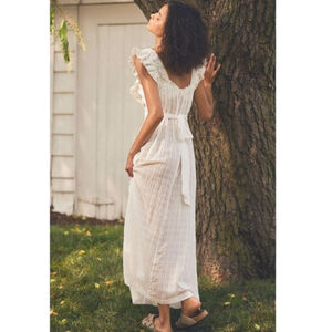 Anthropologie Ruffled Lace Bib Semi Sheer Cotton Maxi Cottage Dress Sz M NWT